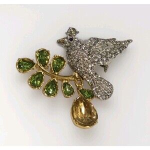 Talbots Jeweled Bird Brooch Rhinestone Green Crystal Branch Pin Figural #1397